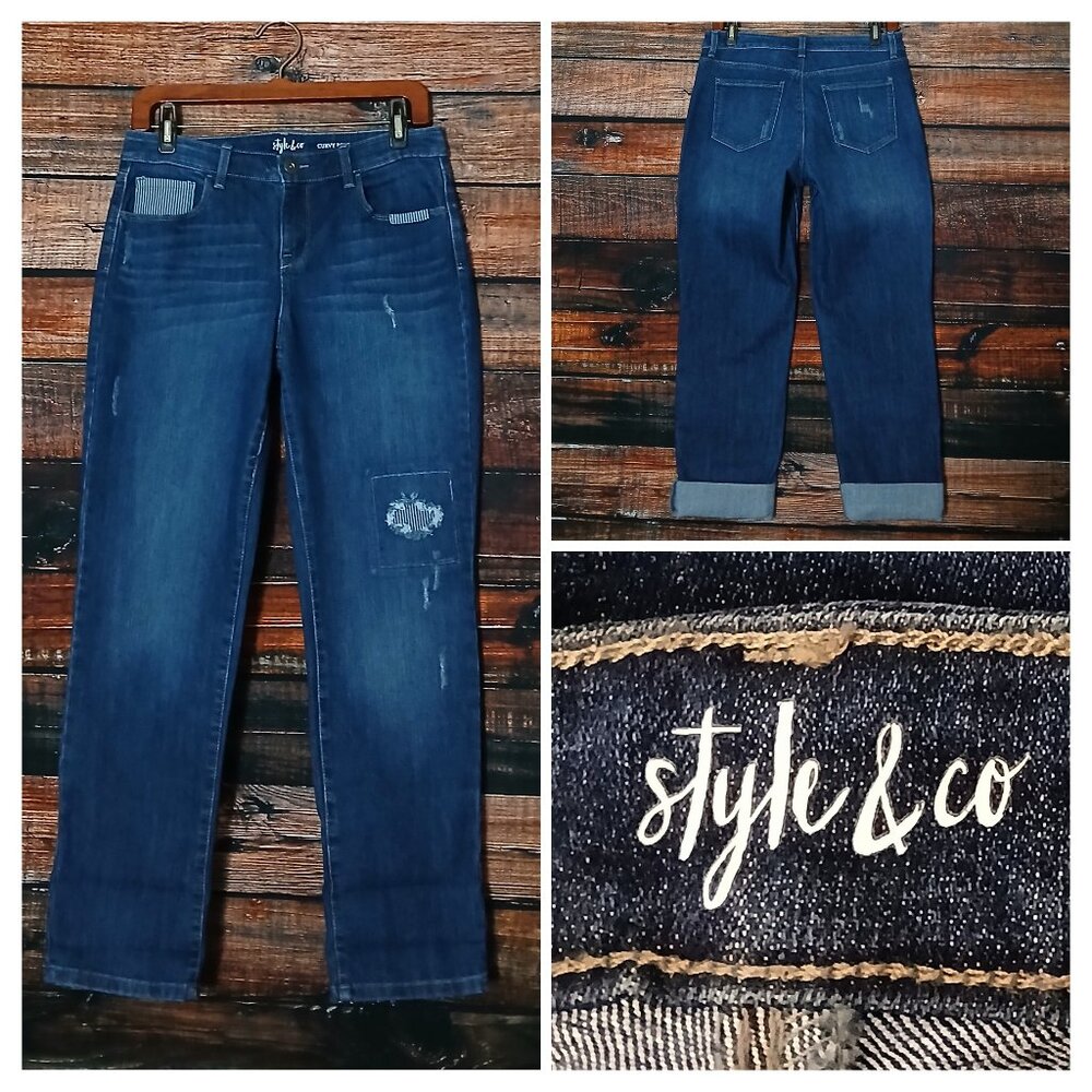 Style & CO Jeans 6 Curvy Boyfriend Patch Distressed Blue Denim Stretch